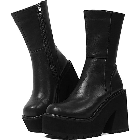 Women's Synthetic Black Combat Wedge Heel Ankle Motorcycle Round Toe Booties